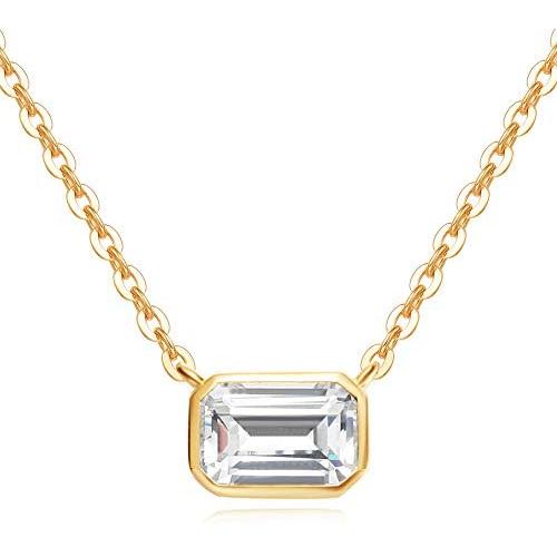 Agvana 14K Solid Gold Emerald Cut Simulated Diamond Cubic Zirconia CZ Dainty Pendant Necklace Delicate Fine Jewelry Birthday Anniversary Christmas Gifts for Women Girls Mom Wife Lover Her, 16+2 Inch