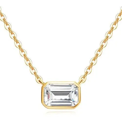 Agvana 14K Solid Gold Emerald Cut Simulated Diamond Cubic Zirconia CZ Dainty Pendant Necklace Delicate Fine Jewelry Birthday Anniversary Christmas Gifts for Women Girls Mom Wife Lover Her, 16+2 Inch