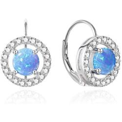 4 Prong Round Birthstone and Created Opal Halo Leverback Earrings For Women or Girls Sterling Silver Dangle Earring