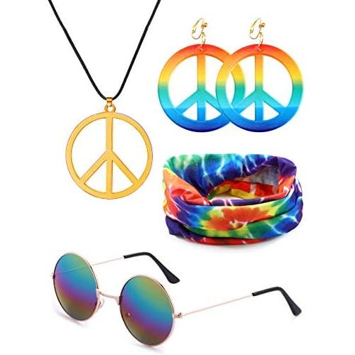 VALIJINA Hippie Costume Set Hippie Sunglasses Peace Sign Pendant Tie Dye Headband Bandana Peace Sign Earrings 60s or 70s Hippie Accessories