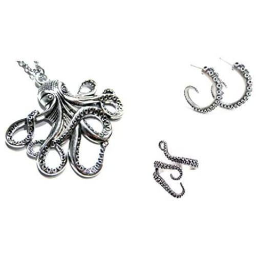 Silver Tone Steampunk Octopus Pirates of the Caribbean Necklace Earring Ring Jewelry Gift Set