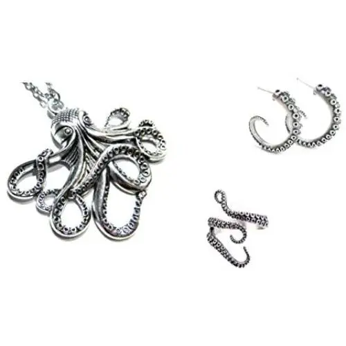 Silver Tone Steampunk Octopus Pirates of the Caribbean Necklace Earring Ring Jewelry Gift Set