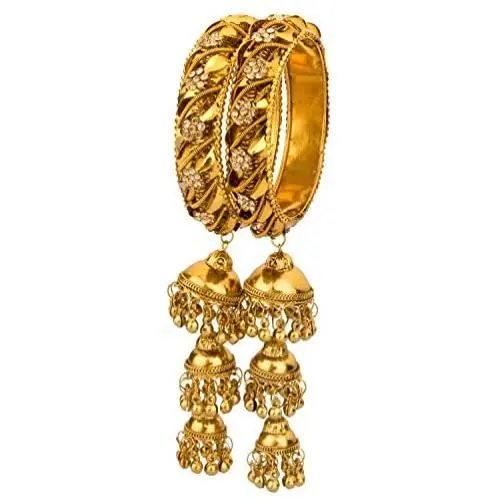 Efulgenz Boho Vintage Antique Gypsy Tribal Indian Oxidized Gold Plated Bell Jhumki Charm Bracelet Bangle Set Jewelry