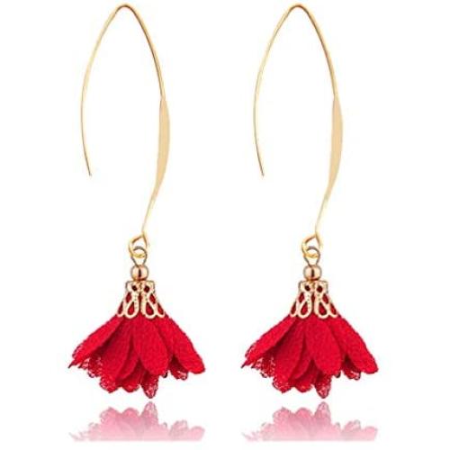 FUTIMELY Long Fabric Flower Tassel Earrings,Red/Green/Black/Purple/Pink/Blue/Grey/Yellow/White Dangle Drop Earrings for Women Teen Girls Bar Party Gifts