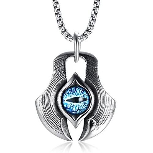 MPRAINBOW Mens Stainless Steel Greek Blue Dragon Evil Eye Axe Casting Dog Tag Pendant Amulet Necklace