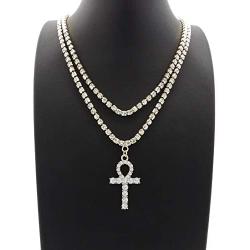 Shiny Jewelers USA Mens Iced Out Cz Ankh Cross Hip Hop Pendant 3mm 16'' & 18'' 1 Row Tennis Chain Necklace