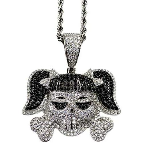 Shop-iGold Custom Skull Men Women 925 Italy White Gold Finish Iced Silver Charm Ice Out Pendant Stainless Steel Real 3 mm Rope Chain, Mans Jewelry, Iced Pendant, Rope Necklace 16''- 24''