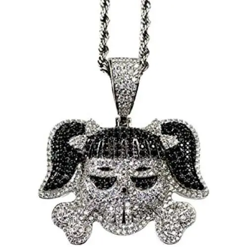 Shop-iGold Custom Skull Men Women 925 Italy White Gold Finish Iced Silver Charm Ice Out Pendant Stainless Steel Real 3 mm Rope Chain, Mans Jewelry, Iced Pendant, Rope Necklace 16''- 24''