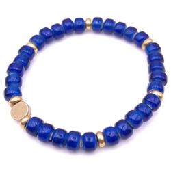 Mens Glass & Brass Stretch Bead Bracelet - Blue