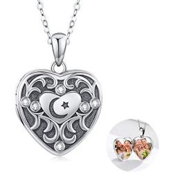 Heart Locket Moon Star Locket Necklace That Holds Pictures Sterling Silver Photo Lockets Cubic Zirconia Pendant Jewelry Gift for Birthday/Graduation/Anniversary Day/Friendship