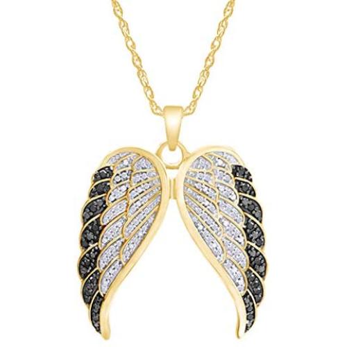 1/2 Carat CT.t.w Round White & Enhanced Black Natural Diamond Angel Wings Pendant Necklace In 14k Gold Over Sterling Silver (0.50 Cttw)