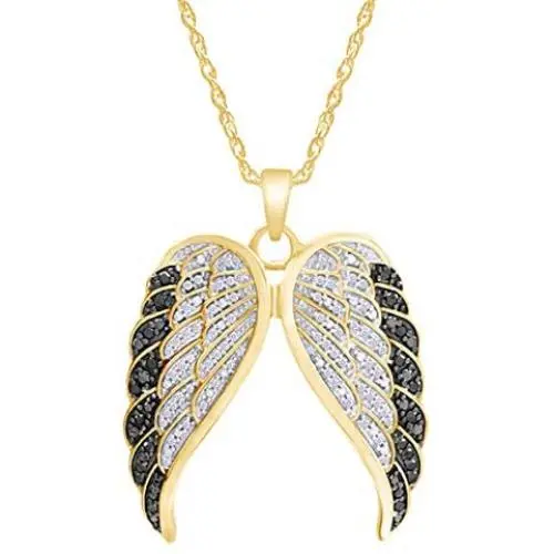 1/2 Carat CT.t.w Round White & Enhanced Black Natural Diamond Angel Wings Pendant Necklace In 14k Gold Over Sterling Silver (0.50 Cttw) 1/2 Carat CT.t.w Round White & Enhanced Black Natural Diamond Angel Wings Pendant Necklace In 14k Gold Over Sterling Silver (0.50 Cttw)