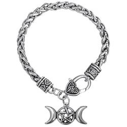 Triple Moon Goddess Amulet Wicca Pentagram Wheat Chain Bracelet for Women Men Pagan Jewelry