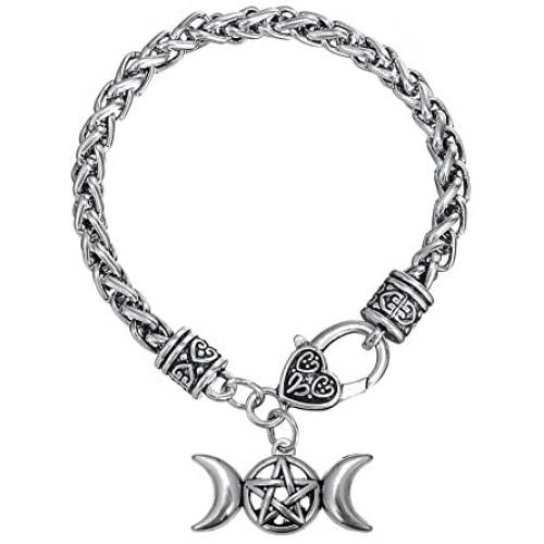 Triple Moon Goddess Amulet Wicca Pentagram Wheat Chain Bracelet for Women Men Pagan Jewelry