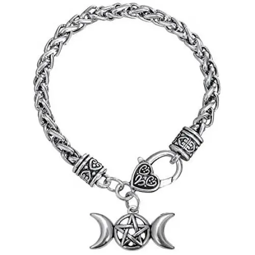Triple Moon Goddess Amulet Wicca Pentagram Wheat Chain Bracelet for Women Men Pagan Jewelry Triple Moon Goddess Amulet Wicca Pentagram Wheat Chain Bracelet for Women Men Pagan Jewelry