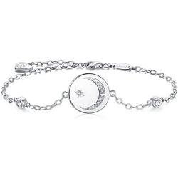 BlingGem Bracelet for Women Crescent Moon and Star Charm 925 Sterling Silver White Gold-Plated Cubic Zirconia Moon Star Bracelet Mothers Gift for Women Mom Daughter