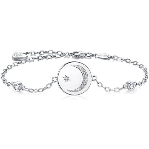 BlingGem Bracelet for Women Crescent Moon and Star Charm 925 Sterling Silver White Gold-Plated Cubic Zirconia Moon Star Bracelet Mothers Gift for Women Mom Daughter