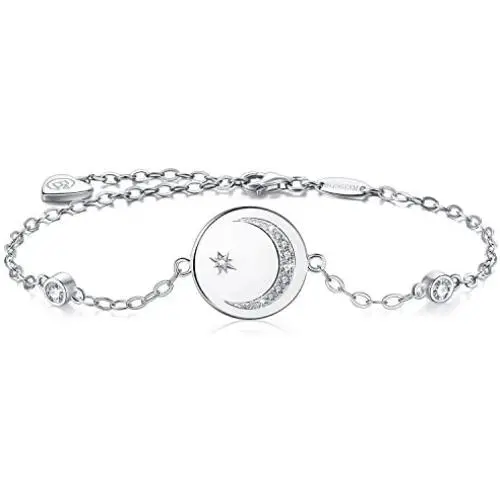 BlingGem Bracelet for Women Crescent Moon and Star Charm 925 Sterling Silver White Gold-Plated Cubic Zirconia Moon Star Bracelet Mothers Gift for Women Mom Daughter