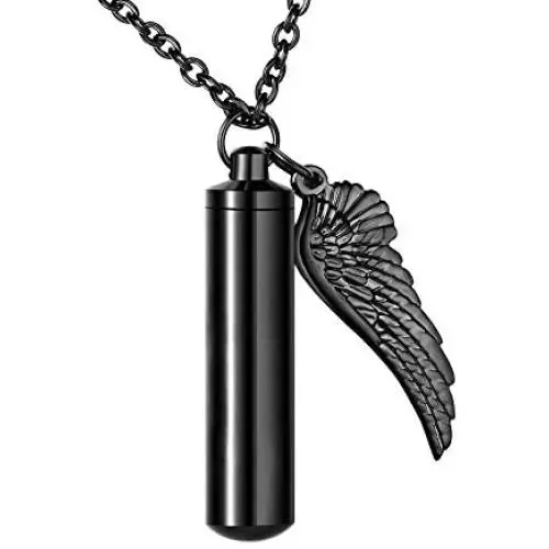 Cylinder Cremation Urn Necklace for Ashes Memorial Keepsake Pendant with Angel Wing Stainless Steel Remembrance Jewelry Cylinder Cremation Urn Necklace for Ashes Memorial Keepsake Pendant with Angel Wing Stainless Steel Remembrance Jewelry