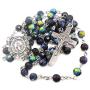 Nazareth Store Saint Benedict Rosary Necklace Deep Blue With Sheen Crystal Beads, Silver Miraculous Medal and Cross NR - Velvet Bag