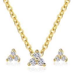 MDFUN Classic Halo Necklace and Stud Earring for Women and Girls, 18K Gold Plated Sparkle Cubic Zirconia Round Cut Clover Earring & Pendant Jewelry Set