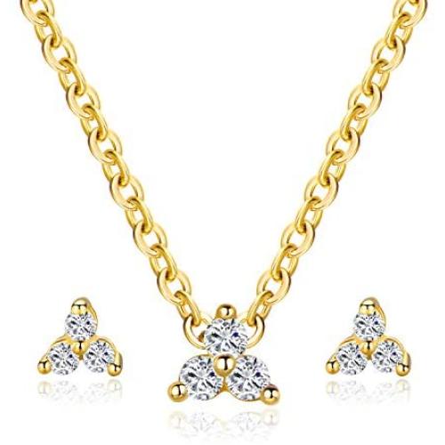MDFUN Classic Halo Necklace and Stud Earring for Women and Girls, 18K Gold Plated Sparkle Cubic Zirconia Round Cut Clover Earring & Pendant Jewelry Set