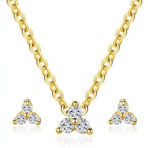 MDFUN Classic Halo Necklace and Stud Earring for Women and Girls, 18K Gold Plated Sparkle Cubic Zirconia Round Cut Clover Earring & Pendant Jewelry Set MDFUN Classic Halo Necklace and Stud Earring for Women and Girls, 18K Gold Plated Sparkle Cubic Zirconia Round Cut Clover Earring & Pendant Jewelry Set