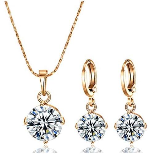 18K Gold Plated Jewelry Set For Women Girls Cubic Zirconia Pendant Necklace And Dangle Earrings Sets Hypoallergenic CZ Bridal Wedding Gifts For Her