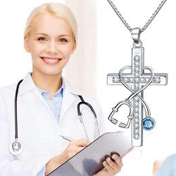 WOTEER Stethoscope Necklace for Nures Doctor Nurse Cross Necklace with Blue/White/Red Crystal Gifts for Women Graduation Medical Student