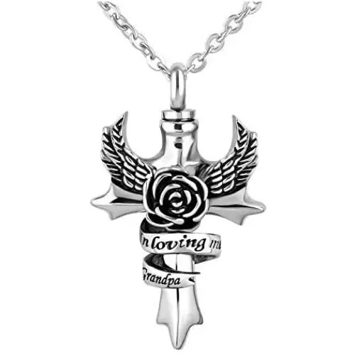 TCHYUN Angel Wing Cross Dad Grandma Brother Grandpa Aunt Uncle Nana Flower Keepsake Memorial Cremation Urn Necklace for Ashes Stainless Steel TCHYUN Angel Wing Cross Dad Grandma Brother Grandpa Aunt Uncle Nana Flower Keepsake Memorial Cremation Urn Necklace for Ashes Stainless Steel