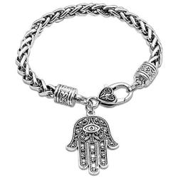 QEPOL Hamsa Hand of Fatima Silver Bracelet - Evil Eye Protection Silver Tone Alloy Charm Jewelry Lucky love Pendant Friendship Handmade Bracelet Men Women