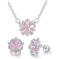 idealway Pink Cherry Blossoms Flower Necklace Earrings Wedding Jewelry CZ Hypoallergenic (Zircon Pink Flower Set)