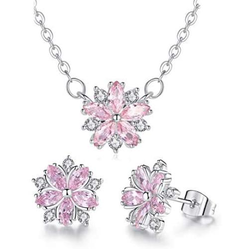 idealway Pink Cherry Blossoms Flower Necklace Earrings Wedding Jewelry CZ Hypoallergenic (Zircon Pink Flower Set)