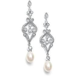 Mariell Vintage Cubic Zirconia Rhodium Scroll Bridal Earrings with Genuine Freshwater Pearl Drops