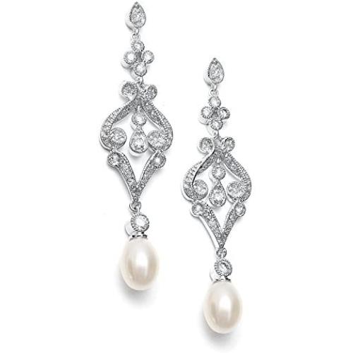 Mariell Vintage Cubic Zirconia Rhodium Scroll Bridal Earrings with Genuine Freshwater Pearl Drops