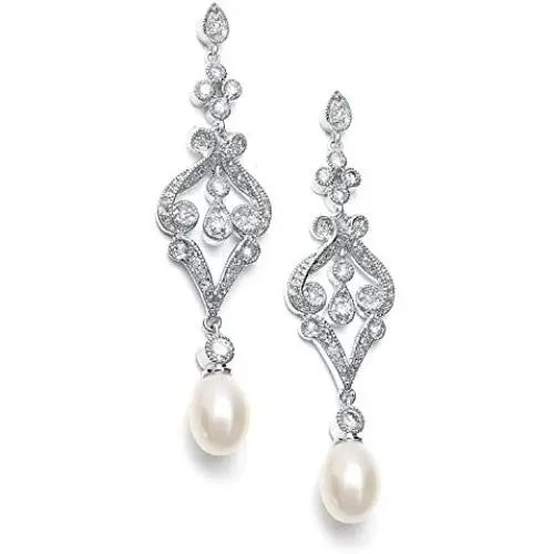 Mariell Vintage Cubic Zirconia Rhodium Scroll Bridal Earrings with Genuine Freshwater Pearl Drops Mariell Vintage Cubic Zirconia Rhodium Scroll Bridal Earrings with Genuine Freshwater Pearl Drops