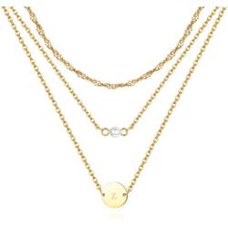 Florideco 3Pcs Stainless Steel Layered Initial Necklaces for Women 18k Gold Plated Handmade Dainty Personalized Letter Name Coin Pearl Choker Necklace Gift for Women Necklace Jewelry a-z