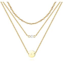 Florideco 3Pcs Stainless Steel Layered Initial Necklaces for Women 18k Gold Plated Handmade Dainty Personalized Letter Name Coin Pearl Choker Necklace Gift for Women Necklace Jewelry a-z