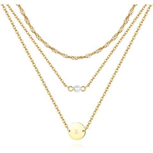 Florideco 3Pcs Stainless Steel Layered Initial Necklaces for Women 18k Gold Plated Handmade Dainty Personalized Letter Name Coin Pearl Choker Necklace Gift for Women Necklace Jewelry a-z