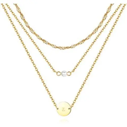 Florideco 3Pcs Stainless Steel Layered Initial Necklaces for Women 18k Gold Plated Handmade Dainty Personalized Letter Name Coin Pearl Choker Necklace Gift for Women Necklace Jewelry a-z