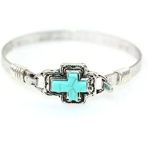 Wonderent Teal Cross Handmade Beautiful Bangle Bracelet with Wire Design Wonderent Teal Cross Handmade Beautiful Bangle Bracelet with Wire Design