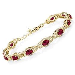 Gem Stone King 12.62 Ct Oval Red Created Ruby 18K Yellow Gold Plated Silver 7 Inch Bracelet With 1 Inch Extender 7 inch with 1 inch Extender