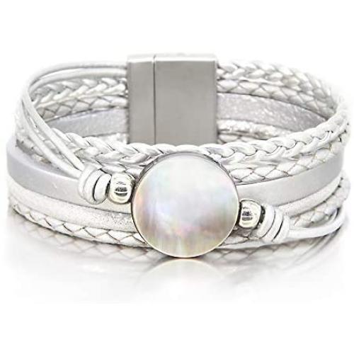 Silver Shell Bracelet Ocean Bead Bracelet Bohemian Wrap Bracelet Leather Cuff Bracelet Cross Braided Bracelet Boho Jewelry for Women Teen Girls