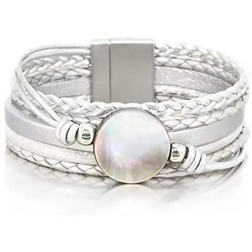 Silver Shell Bracelet Ocean Bead Bracelet Bohemian Wrap Bracelet Leather Cuff Bracelet Cross Braided Bracelet Boho Jewelry for Women Teen Girls