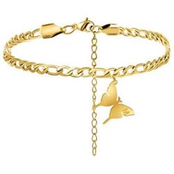 MEMGIFT Gold Butterfly Anklets for Women Teen Girls 18K Real Gold Figaro Chain Ankle Bracelets for Daughter Mom Best Friend Sister Bridesmaid Fiancee BFF Personalized Initial Engraved Beach Jewelry