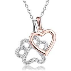GuqiGuli Sterling Silver Dog Paw Print with Rose Gold Heart Charm Pendant Necklace, 18