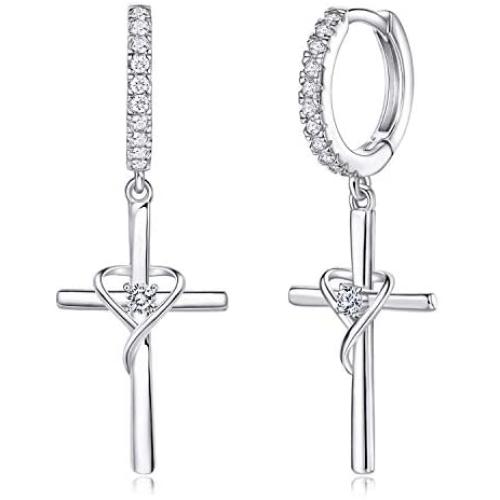 AmorAime 925 Sterling Silver Earrings for Women Birthstone Heart Earrings for Girls Dangle Cross Earrings Mom Gifts for Mothers Day, Anniversary or Birthday for Teen Girls