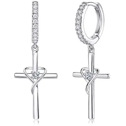 AmorAime 925 Sterling Silver Earrings for Women Birthstone Heart Earrings for Girls Dangle Cross Earrings Mom Gifts for Mothers Day, Anniversary or Birthday for Teen Girls