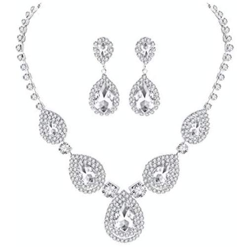 mecresh Bridal Teardrop Jewelry Sets, Crystal Wedding Necklace Earrings Sets Jewelry Engagement