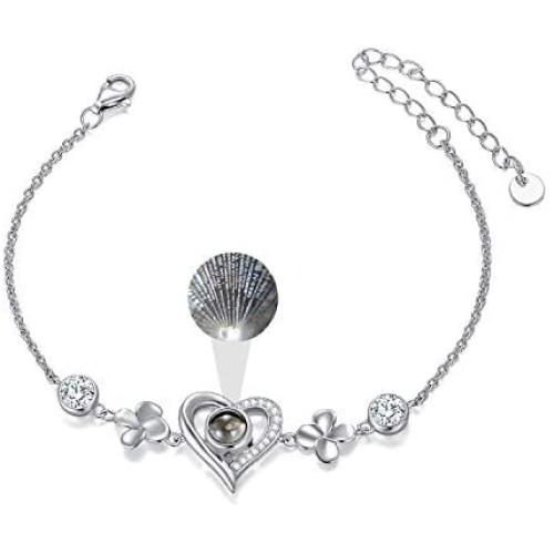 Sterling Silver Heart Bracelet I Love You 100 Languages Love Chain Bracelet with Cubic Zirconia for Women